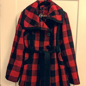Red checkered plaid Juniors Medium Guess Peacoat